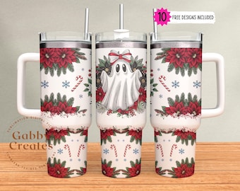 Christmas Ghost 40 oz Tumbler Wrap: Poinsettia Floral Design PNG Digital Download