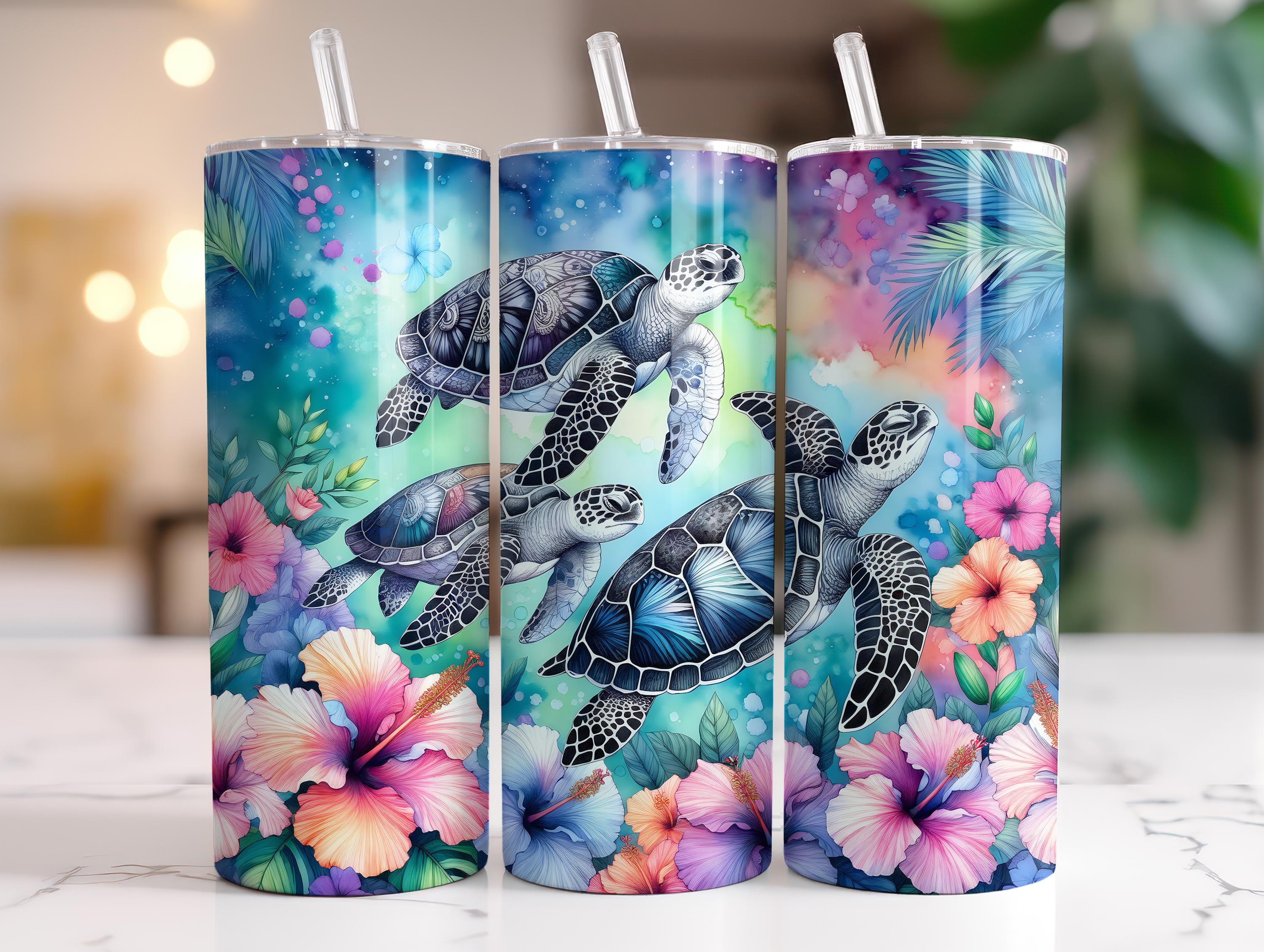 ウミガメのハイビスカスタンブラーラップ：夏の昇華デザイン PNG
