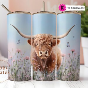 Highland Cow Floral Tumbler Wrap PNG, 20 oz Skinny Tumbler Sublimation Design Instant Digital Download PNG, Cute Highland Cow Tumbler Wrap