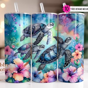 Sea Turtle Hibiscus Tumbler Wrap Summer 20 oz Skinny Tumbler Sublimation Design Digital Download PNG, Beach Ocean PNG, Turtle Tumbler Design