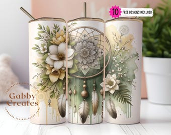 Floral Dreamcatcher 20oz Tumbler Wrap: Boho Sublimation Design PNG Digital Download