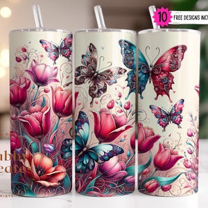 Schmetterling Rosen Tumbler Wrap: Valentinstag Sublimation Design PNG Digital Download