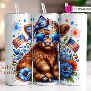 Patriotic Highland Cow 20 oz Tumbler Sublimation Design, July 4th Cow Tumbler Wrap PNG, Coquette Fourth Of July Tumbler Png, USA Animal PNG