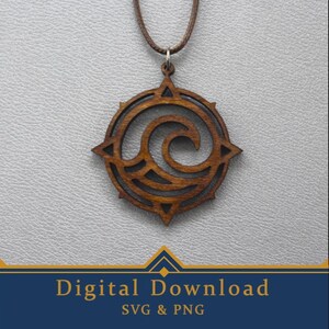 May include: Wooden pendant necklace featuring a circular design with a wave motif. The pendant is a warm brown color and hangs from a brown cord. The design includes four pointed star shapes. The words "Digital Download" and "SVG & PNG" are printed on a blue banner.