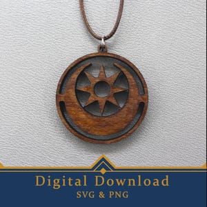 May include: A wooden pendant necklace featuring a circular design with a star and crescent moon cutout. The pendant is suspended from a brown cord. The image includes the text "Digital Download" and "SVG & PNG".