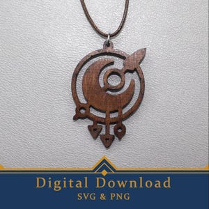 May include: A wooden pendant necklace with a brown cord. The pendant features a circular design with a crescent moon, a central circle, and three downward-pointing arrow shapes. The image includes the text "Digital Download SVG & PNG".