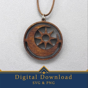 May include: A wooden pendant necklace featuring a circular design with a crescent moon and a starburst. The pendant is brown and hangs from a brown cord. The words "Digital Download" and "SVG & PNG" are displayed at the bottom.