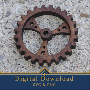 Puede incluir: Un engranaje de madera con un acabado marrón oscuro. El engranaje tiene un cubo central con tres radios y múltiples dientes en el borde exterior. La imagen incluye el texto "Digital Download" y "SVG & PNG".