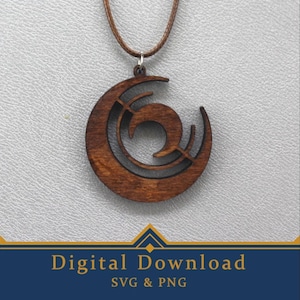 May include: Wooden pendant necklace with a crescent moon and spiral design. The pendant is a dark brown color and hangs from a brown cord. The image also includes the text "Digital Download" and "SVG & PNG".