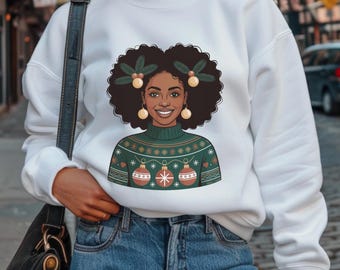 May include: White sweatshirt featuring a festive design. The graphic depicts a woman with curly brown hair adorned with holiday ornaments and a green turtleneck sweater with Christmas baubles. The woman is smiling and wearing gold earrings.