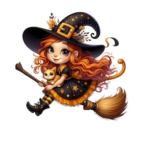 Peut inclure: Une sorcière de dessin animé aux longs cheveux roux vole sur un balai avec un petit chat orange dans ses bras. Elle porte un chapeau de sorcière noir avec une boucle jaune et une robe noire et jaune à motifs d'étoiles.