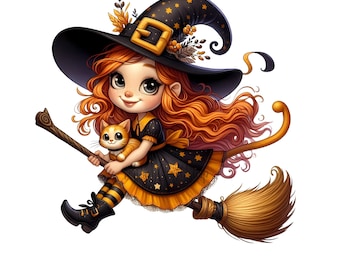 Cute Witchy Girl Clipart Bundle of 15,Enchanting Halloween Girl,Halloween Digital Art,Cute Witch Graphics,Witchs on Broom, Commercial Use