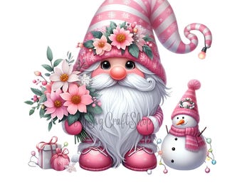 Watercolor Gnomes,Pink Snowman Gnome ClipArt 16 PNG,Whimsical,Junk Journal,Scrapbook,Christmas Cards,Digital Download,Fantasy,Whimsical,Gift