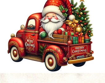 May include: A festive illustration of Santa Claus in a red vintage truck, laden with gifts and a Christmas tree. The truck has the words "Merry Christmas" on the side. Santa is wearing a red hat and smiling.