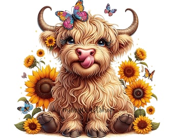 Highland Cow with Sunflowers PNG Clipart Bundle (Digital Download)
