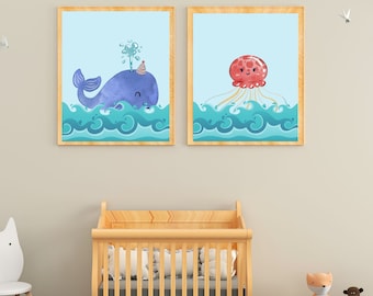 nursery sea animals, nursery wall art, sea creature wall art, ocean wall art, ocean nursery wall art, animated wall art, nursery printable