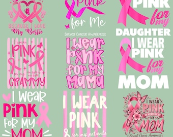 Bröstcancermedvetenhet PNG-paket, Jag bär rosa PNG, Rosa bandet mamma dotter Grammy bästa vändesigner, oktoberstöd digital nedladdning
