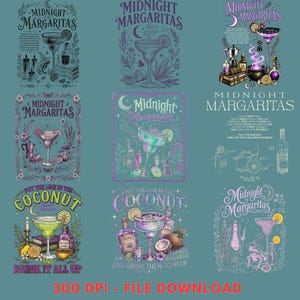 May include: A digital collection of nine graphic designs featuring margarita glasses, cauldrons, and botanical elements. The illustrations include text such as Midnight Margaritas and Put the Lime in the Coconut, rendered in purple, green, and gold tones.