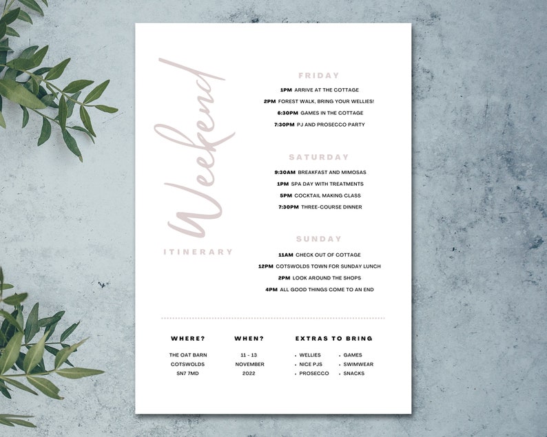 Weekend Itinerary Template, Party, Bachelorette, Hen Do, Weekend ...