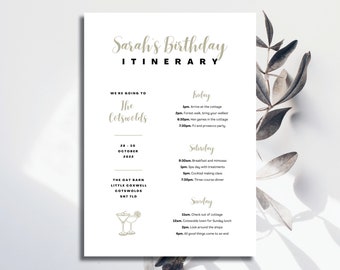 Birthday Itinerary Template, Party, Bachelorette, Hen Do, Weekend, Personalised, Editable, Printable, Invite, INSTANT DIGITAL DOWNLOAD