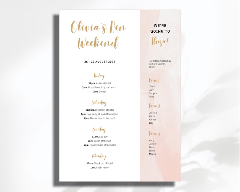 Hen Do Itinerary Template, Bachelorette Party, Ibiza, Holiday, Personalised, Weekend Agenda, Invite, INSTANT DIGITAL DOWNLOAD image 1