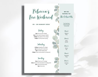 Hen Do Itinerary Template, Bachelorette Party, Personalised, Printable, Weekend, Invite, Cotswolds, Green, Foliage, INSTANT DIGITAL DOWNLOAD