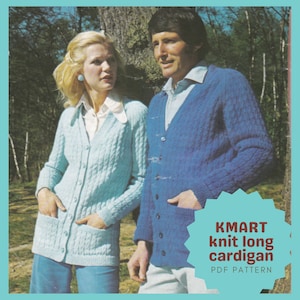 May include: Vintage Kmart knit long cardigan PDF pattern. The image shows a woman and a man wearing light blue and blue knit cardigans. The cardigans have a cable knit design, button closures, and pockets. The text "Kmart knit long cardigan PDF pattern" is visible.