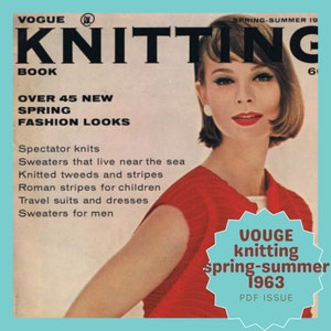 May include: Vintage Vogue Knitting Book cover, Spring-Summer 1963 issue. Features a woman in a red top with bold red lipstick. The cover text includes "Over 45 New Spring Fashion Looks" and a list of knitting patterns.