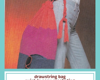 May include: A crocheted drawstring bag in shades of red, fuchsia, and navy blue. The bag has a drawstring closure and a long strap. The text on the image reads "drawstring bag quick 'n easy crocheting - PDF PATTERN ONLY -"