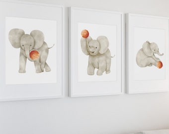 Watercolor Elephant Basketball Nursery Art Prints: Set of 3 (Digital Download)