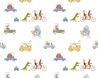 Watercolor Animal Car Pattern: Kids Fabric Design (Digital Download PNG)