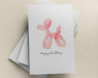 Pink Balloon Dog Birthday Card – Cute Watercolor Art (Digital Download)