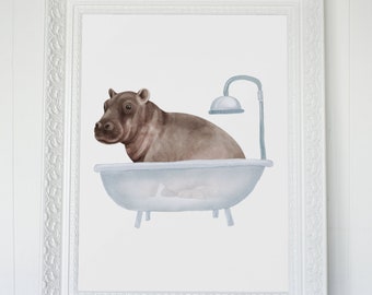 Watercolor Hippo Bathtub Print: Minimalist Nursery Art (Digital File)
