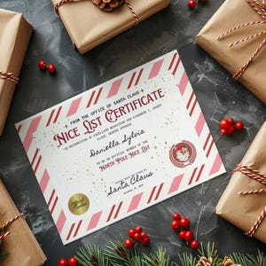 Könnte beinhalten: Eine festliche Szene mit verpackten Geschenken, roten Beeren und einem "Nice List Certificate". Das Zertifikat mit rosa und weißen Streifen enthält Text und ein Santa Claus-Emblem. Geschenke sind in braunes Papier mit Bindfaden verpackt.