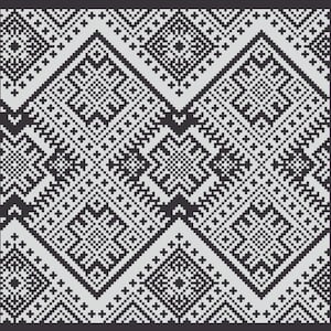 Könnte beinhalten: Schwarz-weißes geometrisches Muster mit pixeligem Design. Das Muster zeigt sich wiederholende Diamant- und Zickzackformen, die ein symmetrisches und strukturiertes Aussehen erzeugen. Geeignet für Textilien oder digitale Kunst.