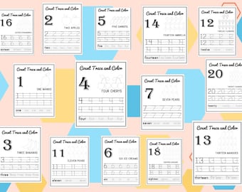 Count trace and color worksheets numbers 1-20! Great activity for back to school or at home learning!