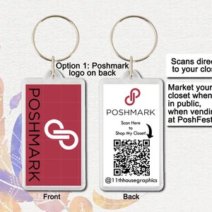 Peut inclure: Un porte-clés en plastique blanc avec un logo Poshmark rouge et blanc sur le devant et un code QR au dos. Le texte "Scan Here to Shop My Closet!" est imprimé au-dessus du code QR. Le texte "@11thhousegraphics" est imprimé en dessous du code QR.
