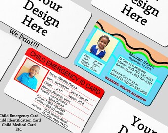 We Print & Design Emergency Child Identification Cards | Childrens Medical Card | Allergies | Emergency Contact Information | Custom Layouts