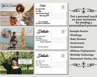 May include: Three postcard designs with different themes: a baby shower, a wedding save the date, and a graduation announcement. Each postcard has a photo and details about the event.