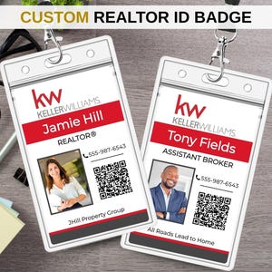 May include: Two custom realtor ID badges with the Keller Williams logo. The badges feature the names Jamie Hill and Tony Fields, along with their titles and contact information. Each badge includes a photo and a QR code.