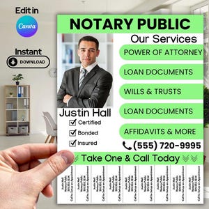 Modello di volantino per notaio / Volantino per notaio da staccare / Modifica in Canva / Agente di firma del prestito 002