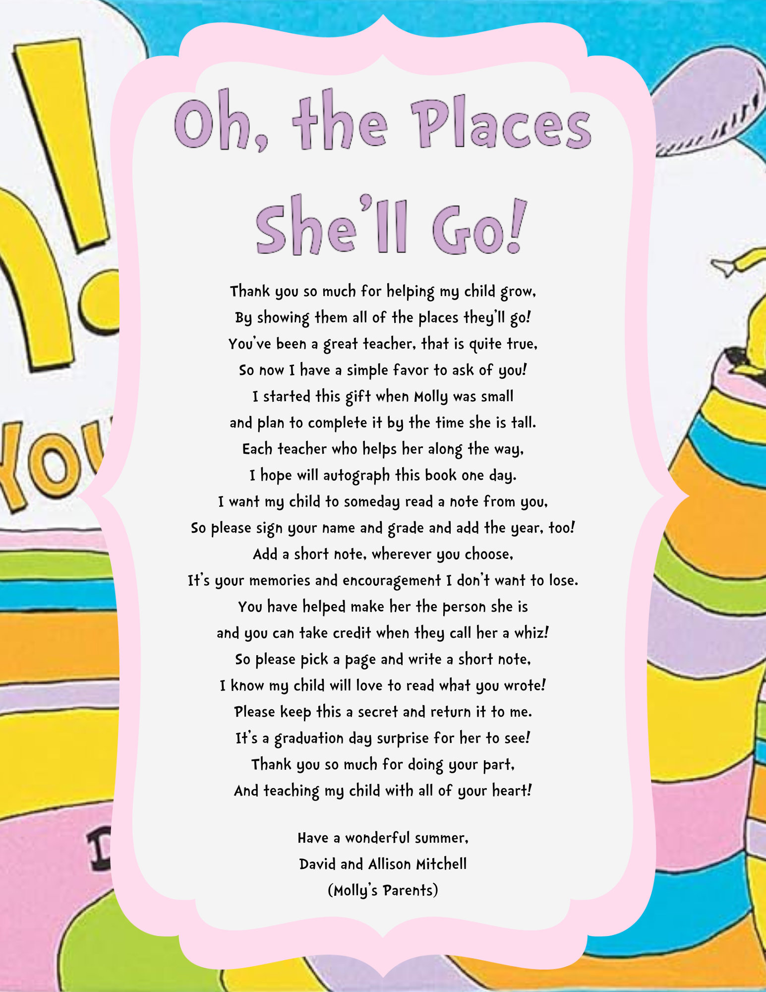 [ゆゆゆ]よろしくお願いします♩ Dr. Seuss 'oh the Places You'll Go' Daughter Graduation Teacher