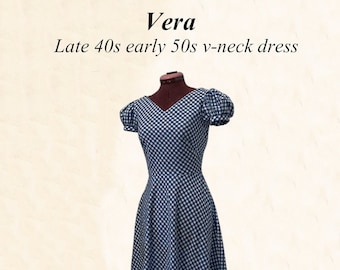 Vera PDF Cartamodello fine anni '40 inizio anni '50 abito vintage retrò con scollo a V - taglia coppa A B C D DD.