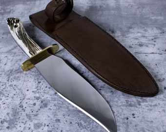 Cuchillo Bowie Réplica de cuchillo con funda de cuero y mango de cuerno de ciervo real / herramienta para supervivencia / regalo de cumpleaños con cuero de mango de cuerno de ciervo