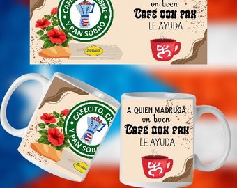 May include: Two white ceramic mugs with a brown and white design. The design features a coffee pot, bread, and flowers. The text on the mug reads "Cafecito, Chispa y Pan Sobao" and "A quien madruga un buen Cafe con Pan le ayuda".