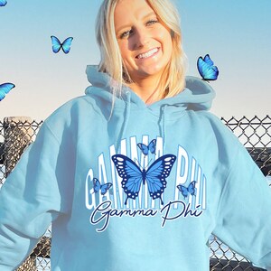 Custom Gamma Phi Beta Baby Blue Butterfly Cute Sorority Sweatshirt | Sorority Apparel | Trendy Gamma Phi Sorority Hoodie