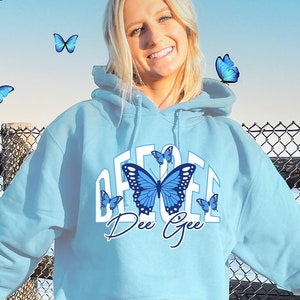 Custom Delta Gamma Baby Blue Butterfly Cute Sorority Sweatshirt | Sorority Apparel | Trendy Dee Gee Sorority Hoodie