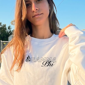 Gamma Phi Beta Butterfly Script Cute Simple Trendy GPhi Sorority Crewneck Sweatshirt - Black / White Color way Options