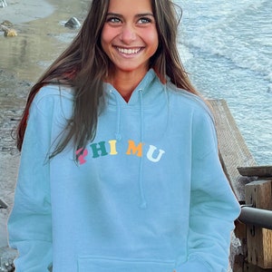 Phi Mu Colorful Text Cute Mad Happy Trendy Sorority Hoodie