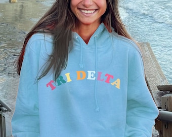 Delta Delta Delta Colorful Text Cute MadHappy Trendy Tri Delta Sorority Hoodie